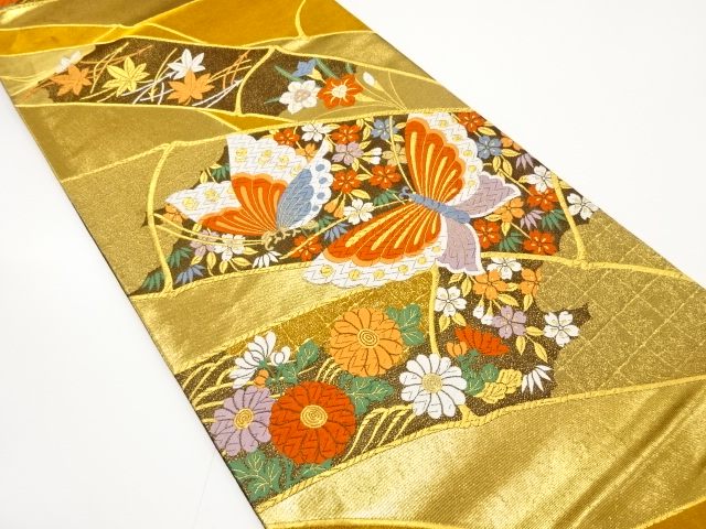 蝶に竹・枝垂れ桜・菊模様織り出し　袋帯